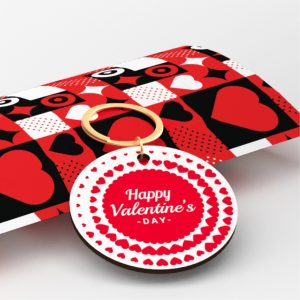 Ξύλινο μπρελόκ με εκτυπωμένο λογότυπο Happy valentine's day & ασορτί κουτί