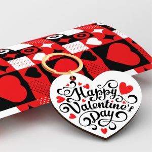 Ξύλινο μπρελόκ καρδιά με εκτυπωμένο Happy valentine & ασορτί κουτί