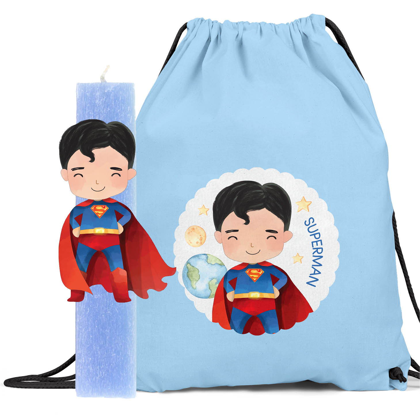 Δωρολαμπάδα με ξύλινη φιγούρα & Backpack "Superman"