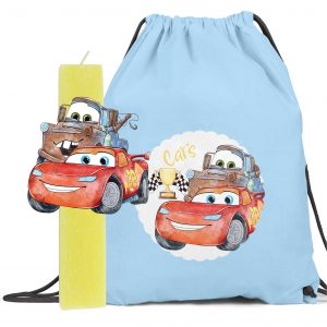 Αρωματική λαμπάδα με ξύλινη φιγούρα & δώρο backpack "Cars"