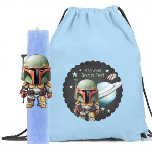 Αρωματική λαμπάδα με ξύλινη φιγούρα & δώρο backpack Star Wars – Boda Fett