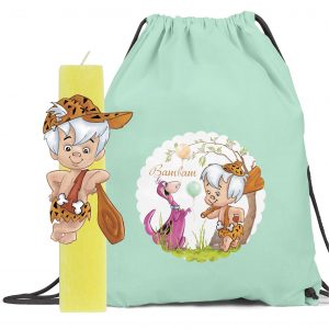 Αρωματική λαμπάδα με ξύλινη φιγούρα & δώρο backpack Flintstones Μπαμ Μπαμ