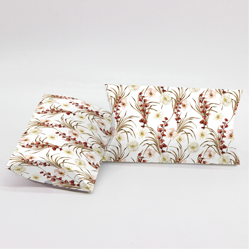 Κουτί Pillow Box 3x8x13cm τυπωμένο με ταπετσαρία boho από αποξηραμένα λουλούδια