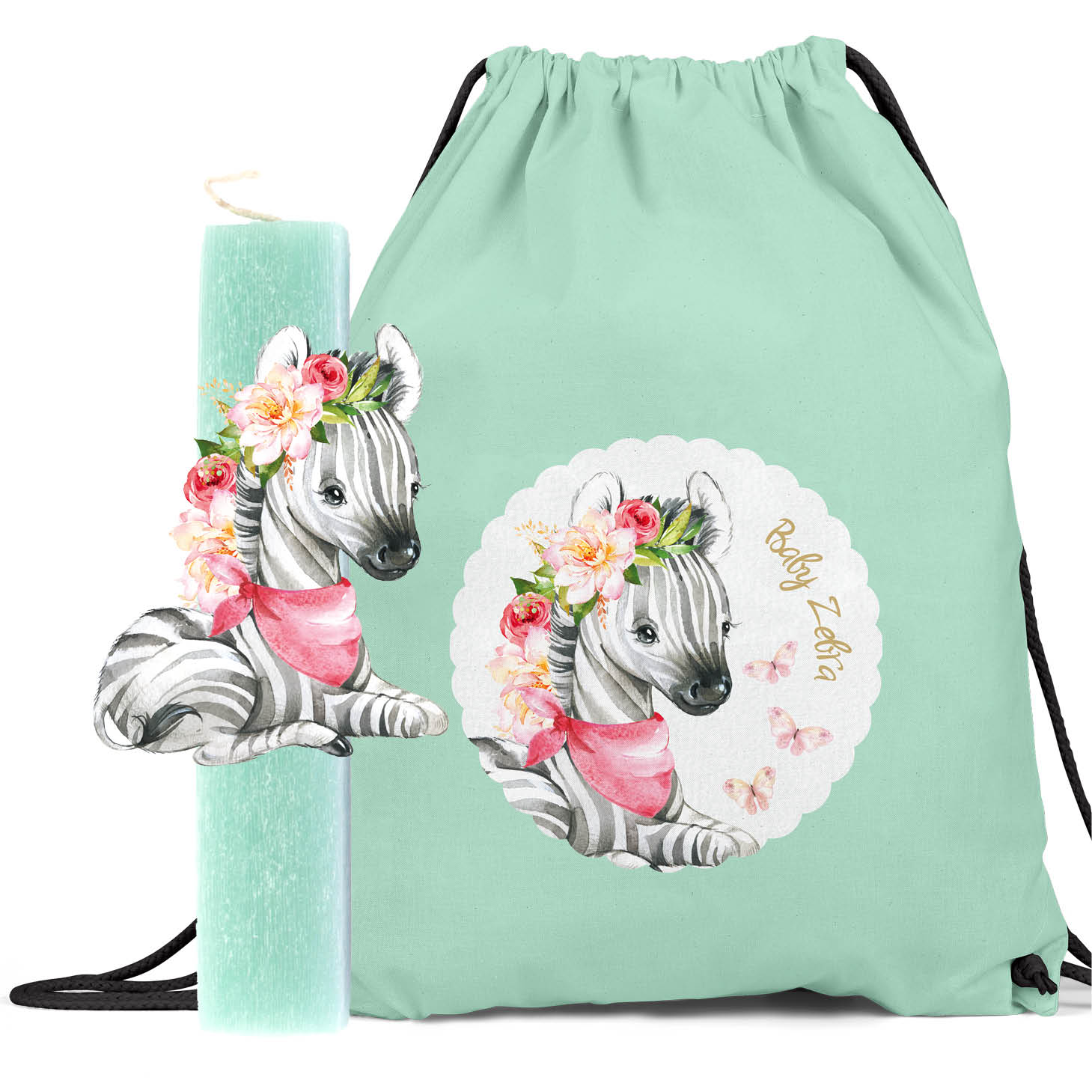 Αρωματική λαμπάδα με ξύλινη φιγούρα & δώρο Backpack "Baby zebra"