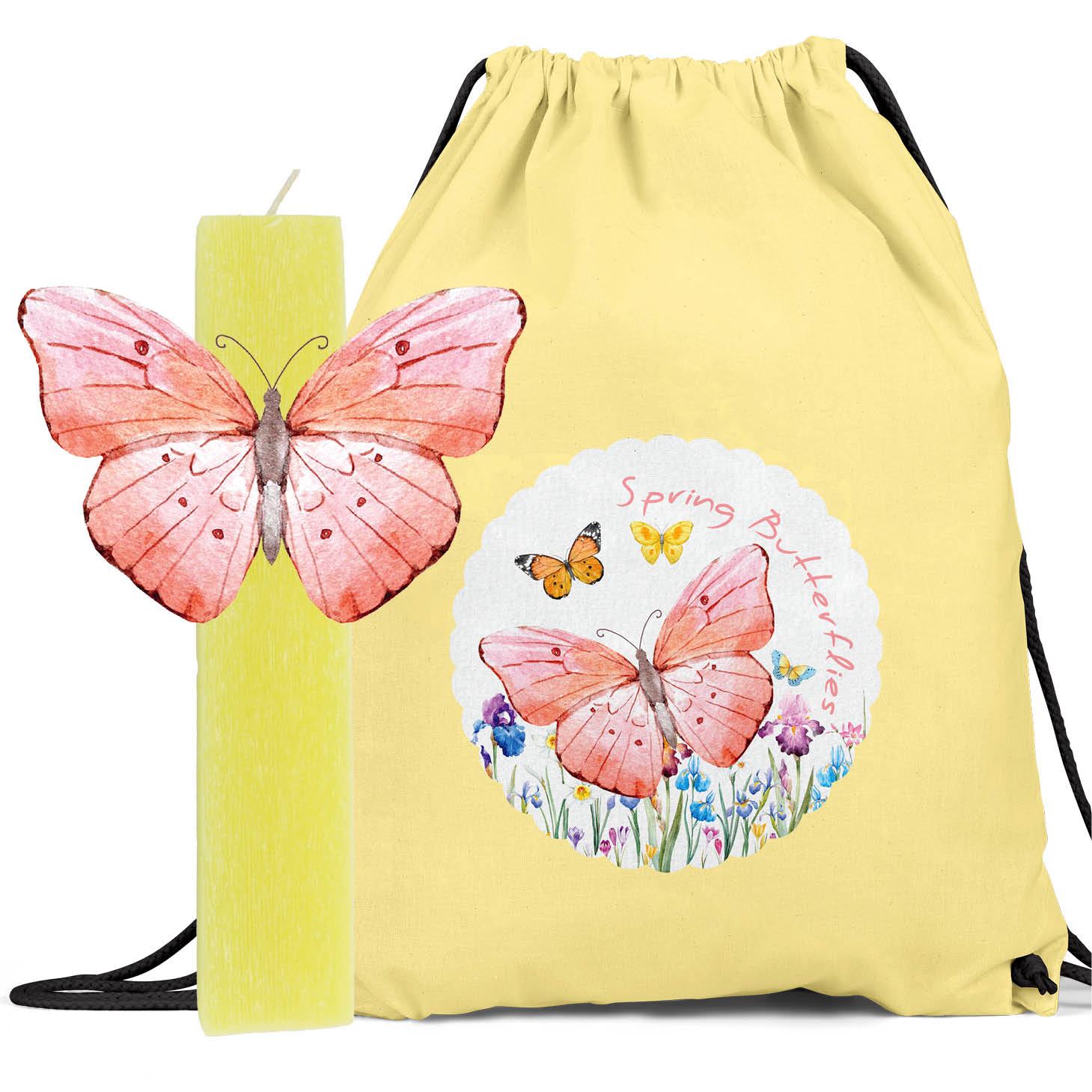 Αρωματική λαμπάδα με ξύλινη φιγούρα & δώρο Backpack "Spring butterflies"