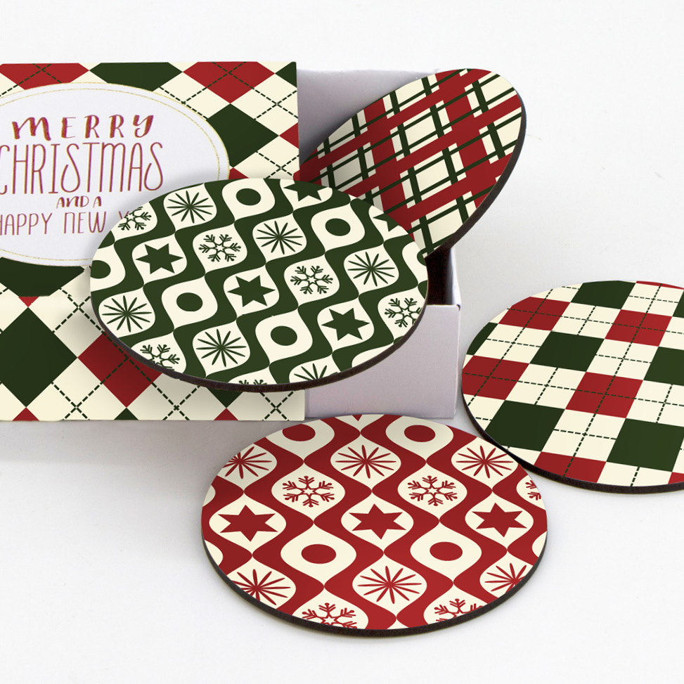 Σετ ξύλινα σουβέρ Christmas Tiles plaid και κουτί με τυπωμένη αφιέρωση